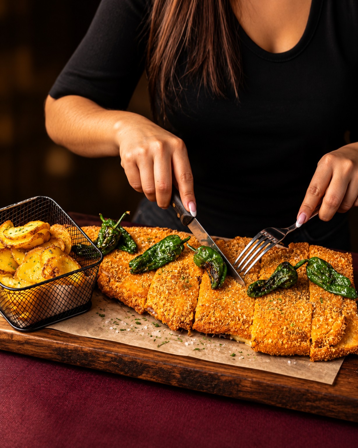 Cachopo de GastroBar21 con patatas y pimientos